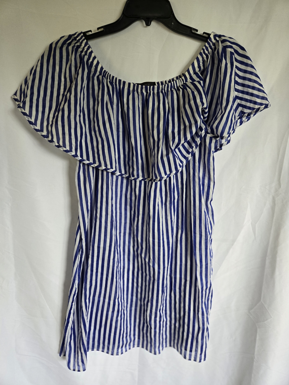 J. Crew Blue and White Striped Off-Shoulder Swim Coverup